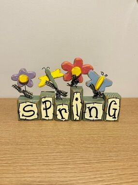 Wooden 'Spring' Block Sign with Colorful Flowers